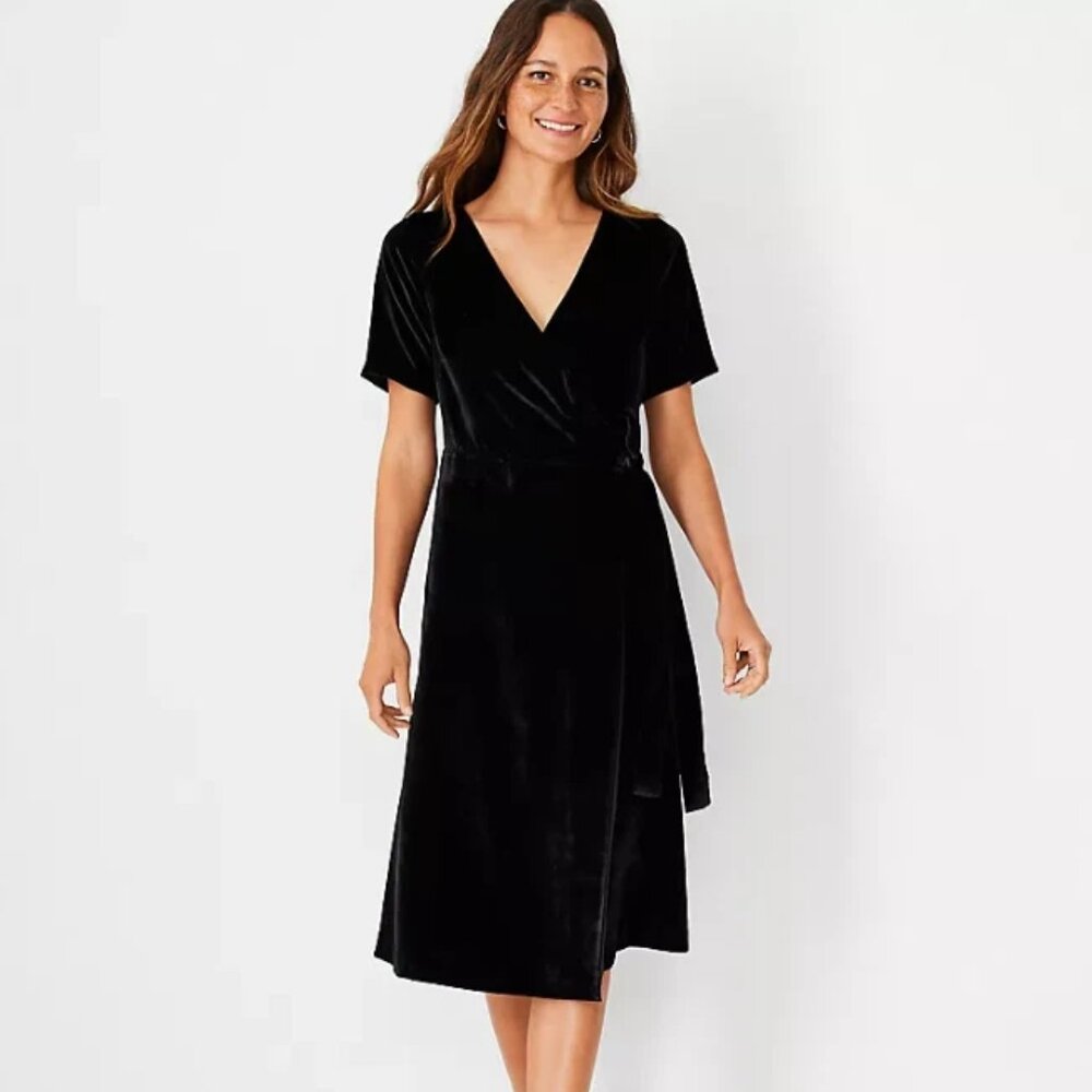 Ann Taylor Black Velvet Midi Wrap Dress